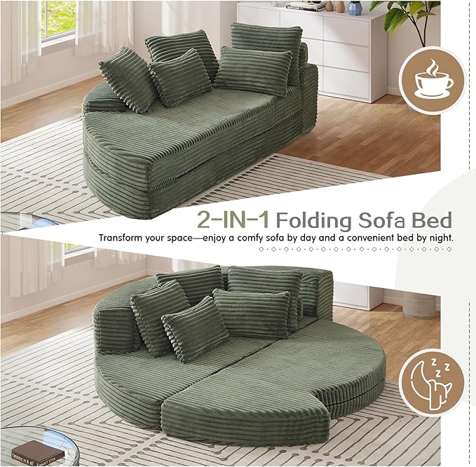 78-inch Oversized Round Chaise Lounge Chair Indoor, Convertible Folding Sofa Bed w/ 10 Pillows, Fluffy Corduroy Boneless Compressed Memory Foam Couch for Living Room, Bedroom (Green, Left & Right)