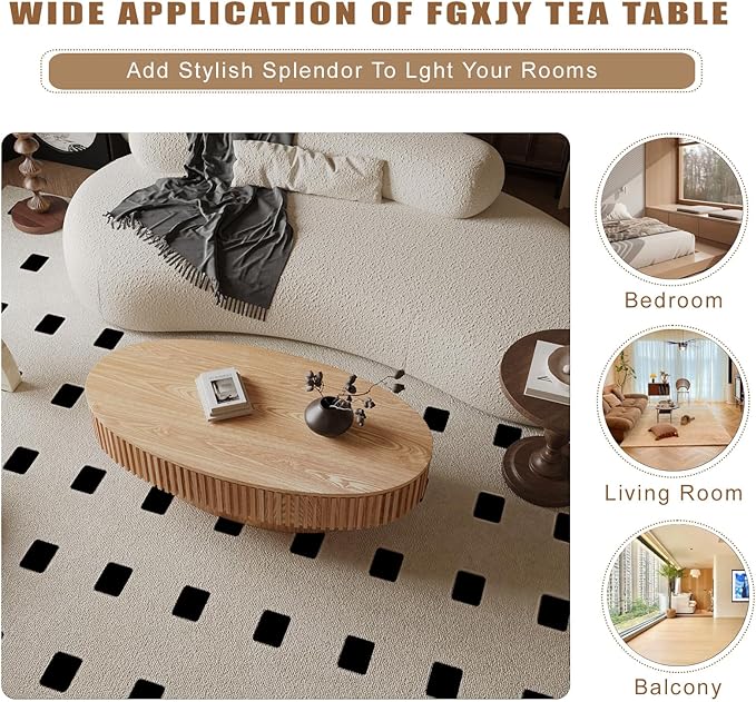 FGXJY Oval Coffee Table with Storage, Modern Wooden Coffee Table with Solid Wood Veneered, Fluted Center Table Drum Tea Table for Living Room Apartment, 47.2''L×23.6''W×14.2''H