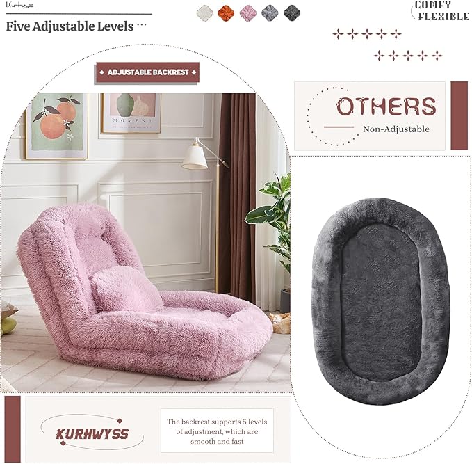 Upholstered Human Dog Bed for Adult & Pets, Convertible Lazy Sofa Bed with 5 Adjustable Position, Comfy Tatami Bean Bag Lounge Chair with 2 Soft Pillows for Bedroom Living Room (Pink Fluffy)