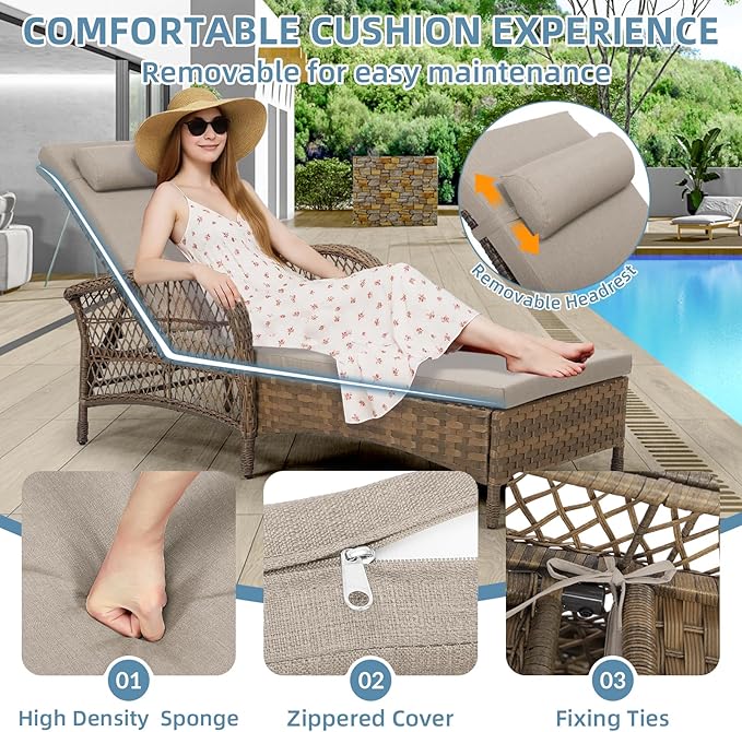 WINGTU 3 Piece Patio Chaise Lounge Set, Outdoor Patio Furniture Modern Lounge Chairs Set of 2 with Side Table & 6-Position Adjustable Backrest, Durable PE Wicker, Weather Resistant Cushions, Beige