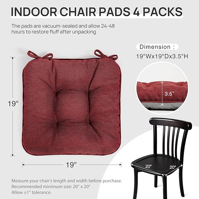 Love's cabin Memory Foam Chair Cushions Set of 4, Outdoor/Indoor Chair Pads for Dining Chairs 4 Pack, Seat Cushions for Kitchen, Dining Room, Office, Patio Chairs, 19"x19"x3.5" Burgundy