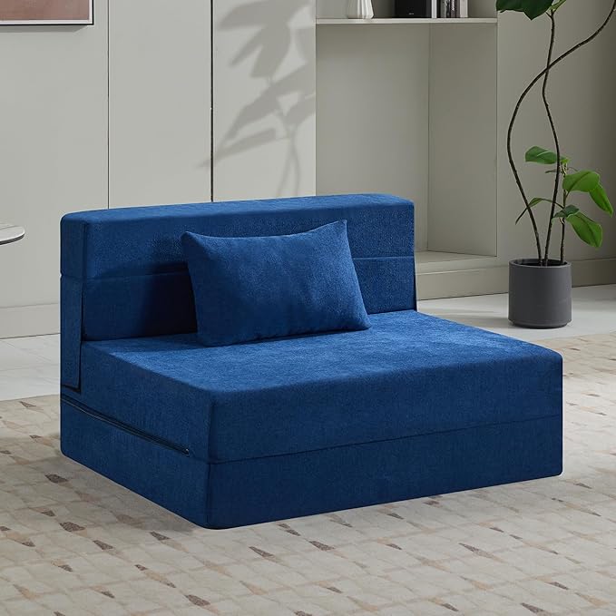 Folding Sofa Bed Convertible Floor Couch Foldable Chair Bed with Pillow，Linen Sleeper Chair Futon,Foldable Memory Foam Mattress for Bedroom/Living Room/Dorm/Office (Navy, Standard)