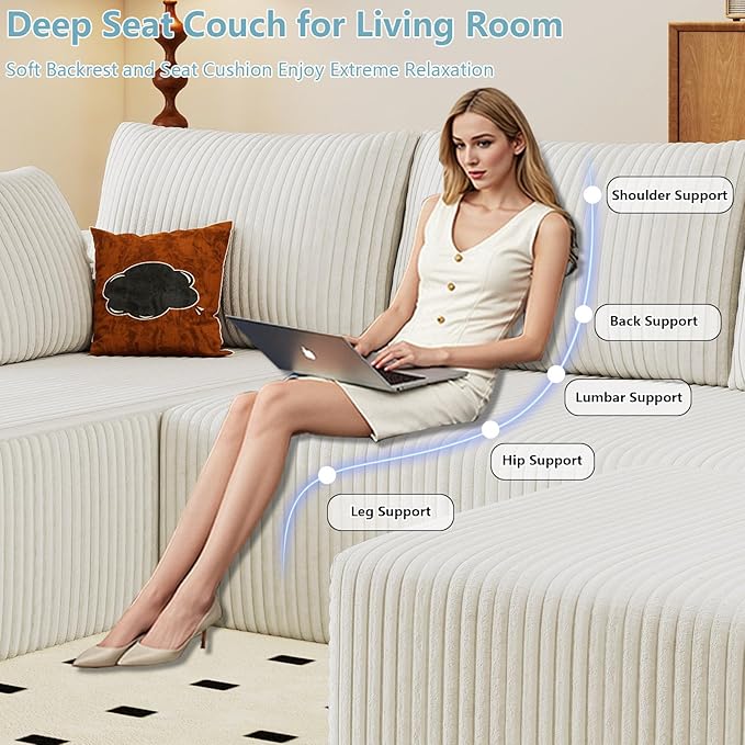 96" W Cloud Sectional Couch with Ottoman,Modern U-Shaped Cloud Couch with Deep Seat,Comfy Corduroy 3-Seater Sofa,Memory Foam Sofa for Living Room,No Assembly (White,Left-Facing Chaise)