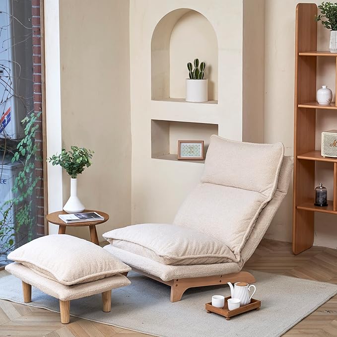Floor Chair Single Lazy Sofa Leisure Balcony Reclining Japanese Tatami Adjustable Recliner with Ottoman for Living Room, Bedroom, Indoor Use (Stacked Footstool, Beige)