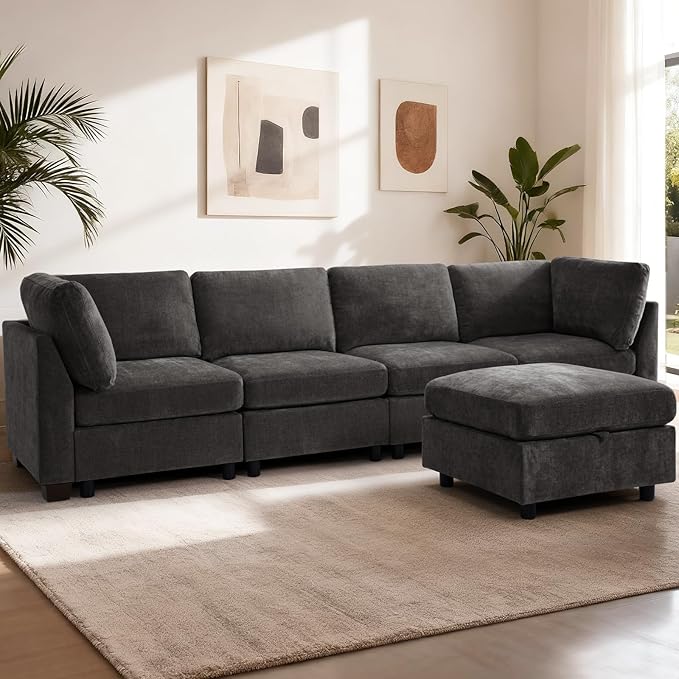 EDILLY 122 inches Oversized Modular Sectional Fabric Cloud Sofa, Extra Large L Shaped Couch Reversible Chaise Couch,4 Seat Modular Sofa with Storage Ottoman, Linen Grey