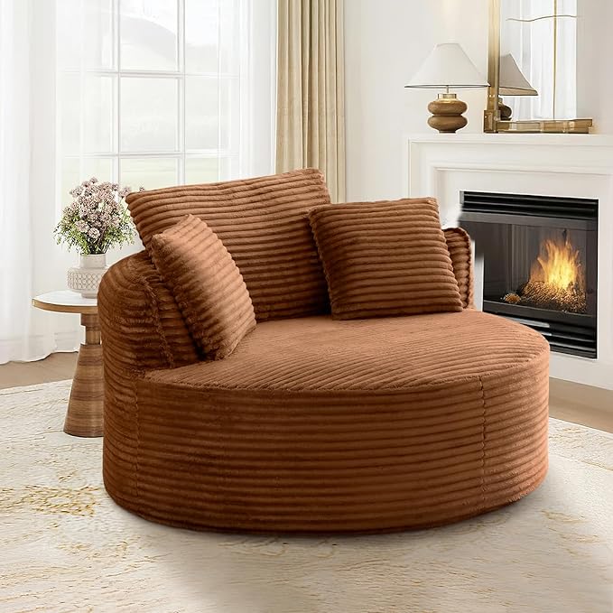 53"W Oversized Round Chaise Longue Chair Indoor,Corduroy Fluffy Comfy Cloud Chair,Circle Bean Bag Sofa with Foam Filling & Pillows,Boneless Reading Cozy Sofa Chairs for Living Room,Bedroom,Orange