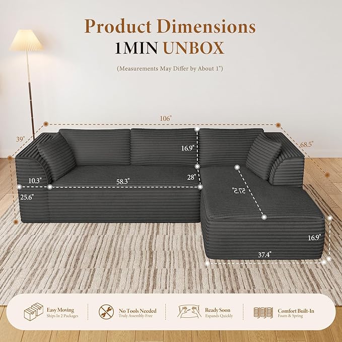 Vesgantti 106" Boneless Couches for Living Room, Deep Seat Cloud Sofa Sectional with Chaise, Corduroy Memory Foam Modular Couch Set, No Assembly Required (Dark Grey, Right-Facing Chaise)