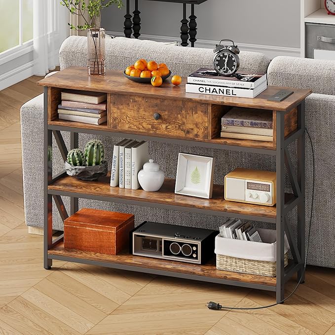 Mexin Console Table with Outlets and USB Ports, Entryway Table with Drawer Storage Shelves, Industrial Wood Hallway Sofa Table for Living Room, Couch, Foyer, Kitchen Counter, 39 Inch, Vintage Brown