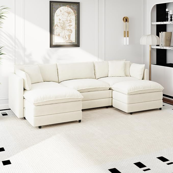 Aoowow Modular Sectional Sofa Modern Convertible U Shaped Couch,112.2 Inch Deep 3-Seater Sofas Set Comfy Chenille Cloud Sofas and Couches with Movable Ottoman for Living Room Apartment（Beige）