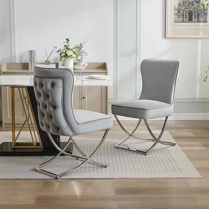 WUTUTUEE Luxury Velvet Dining Chairs, Tufted Upholstered Armless Accent Chairs with Silver Metal X-Legs, Modern Glam Dining Room Chair Set of 4, Light Grey