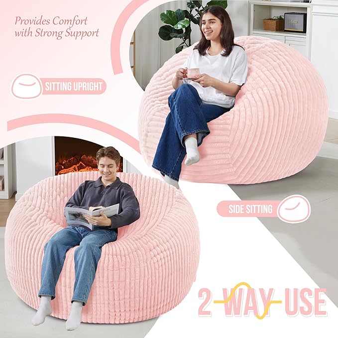 Homguava 5 FT Bean Bag Chair,5' Big Bean Bag,Giant Bean Bag Chairs for Adults with Memory Foam Filled,Comfy Large Beanbag Chairs Soft Bean Bag Sofa with Dutch Corded Plush Cover-Soft Pink