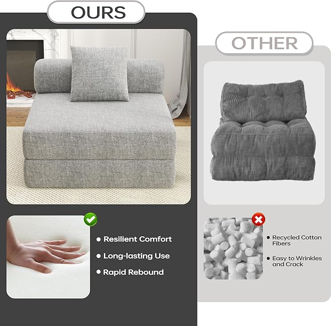 DURASPACE 39.2'' Folding Sofa Bed, Floor Foldable Futon with Memory Foam, Convertible Sleeper Chair with Back Support for Living Room (Chenille Gray)