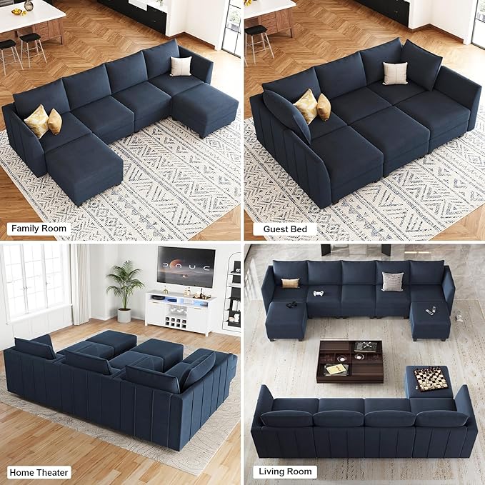 Belffin Modular Sectional Sofa U Shaped Couch with Storage Ottoman Velvet Sectional Couch for Living Room, Blue