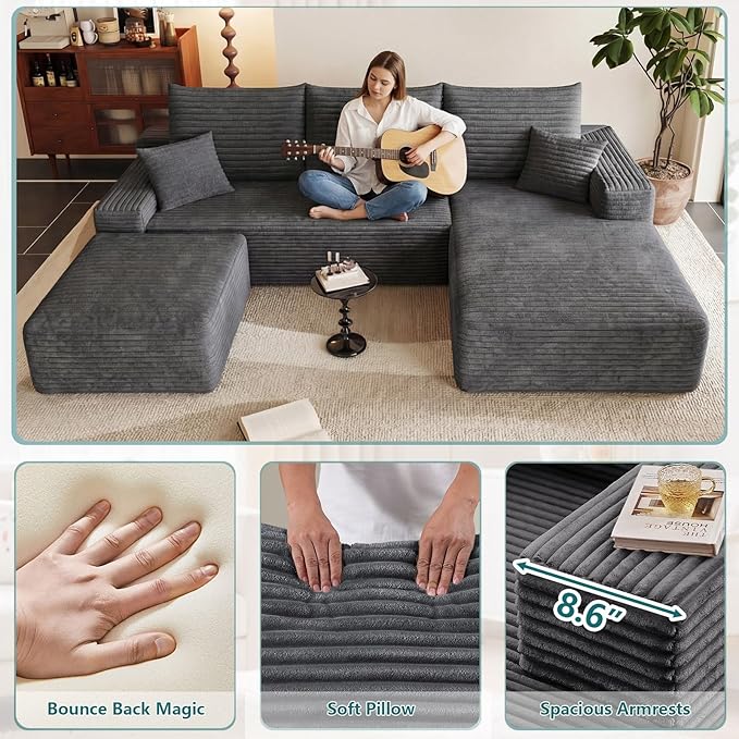 95" U-Shape Cloud Couch, Modern Modular Sectional L-Shape Sofa with Ottoman, Corduroy Upholstered Couches Deep Seat Sleeper Chaise Longue for Living Room, No Assembly Required(Dark Gray, Right Facing)