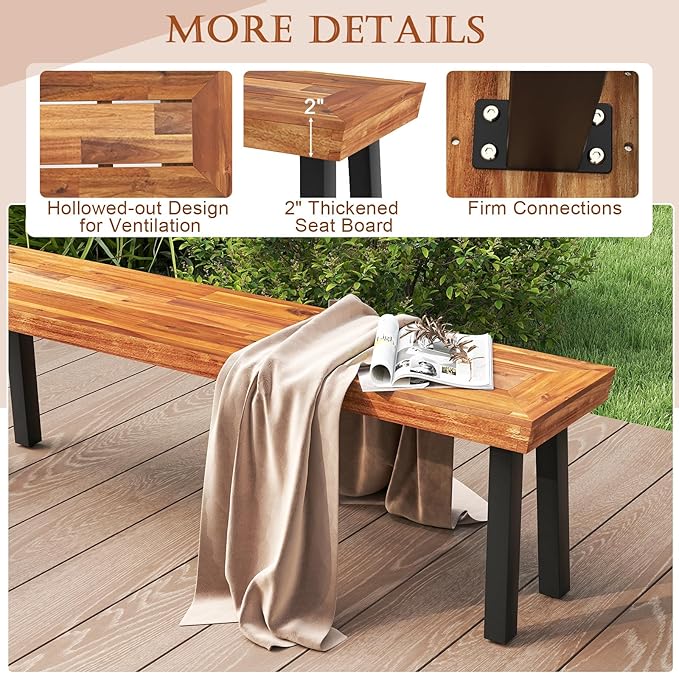 RELAX4LIFE 60’’ Outdoor Bench Acacia Wood - 2-3 Person Backless Patio Seat with Heavy Duty Metal Frame, Wooden Picnic Dining Garden Bench for Outside Backyard Park Porch, 800 LBS Weight Capacity (2)