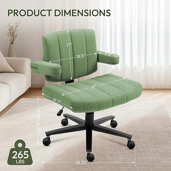 Vigosit Green Criss Cross Office Chair with Wheels, Ergonomic Wide Seat Vanity & Dressing Table Chair, Adjustable Arms Swivel Rolling Desk Chair for Women, Comfortable Cross-Legged Support