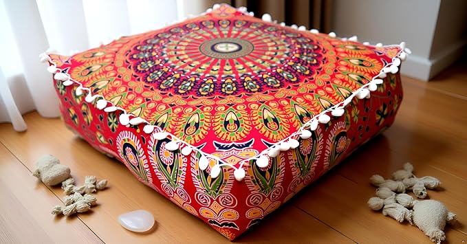 CRAFT KALA Red Peacock Large Hippie Mandala Meditation Floor Ottoman Pillow Cushion Pouf Cover Square Poufs Bohemian Circle Floor Cushion Case Outdoor Fireplace Yoga Living Room Decor Cover 18" Square