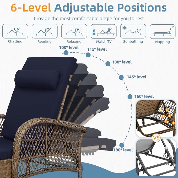 WINGTU 3 Piece Patio Chaise Lounge Set, Outdoor Patio Furniture Modern Lounge Chairs Set of 2 with Side Table & 6-Position Adjustable Backrest, Durable PE Wicker, Weather Resistant Cushions, Navy Blue