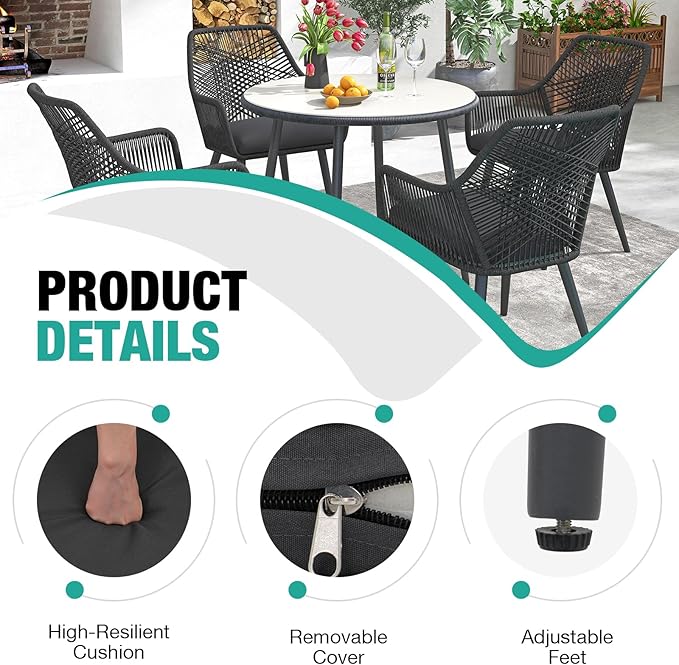 Patiorama Patio Dining Chair Set of 6,Woven Rope Outdoor Dining Chairs w/Steel Frame,All-Weather Twisted Rattan Chairs w/Armrest & Cushion,Outdoor Dining Wicker Chairs for Backyard Garden(Dark Grey)