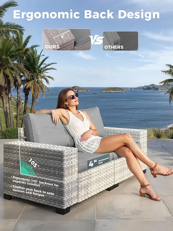 6 Piece Outdoor Wicker Rattan Sectional Sofa Set, 5-Seats Patio Furniture Conversation Set with 4" Thickened Cushions & Coffee Table, All-Weather PE Rattan for Garden, Backyard, Porch, Grey
