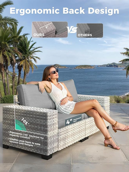 13 Piece Outdoor Wicker Rattan Sectional Sofa Set with 55,000 BTU Fire Pit Table, 10-Seats with 4" Thickened Cushions & Coffee Table, All-Weather PE Rattan for Garden, Backyard, Porch, Grey