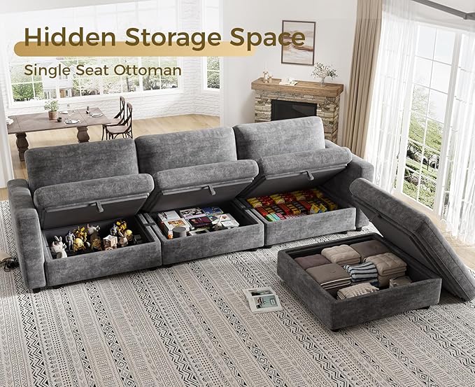 KKL Modular Sectional Oversize Sofa - Apartment Sofa Bed with Adjustable Backrest, 113" L Shaped Couches for Living Room, Down Filled Sectional Couch with Storage Ottoman Chenille, Grey