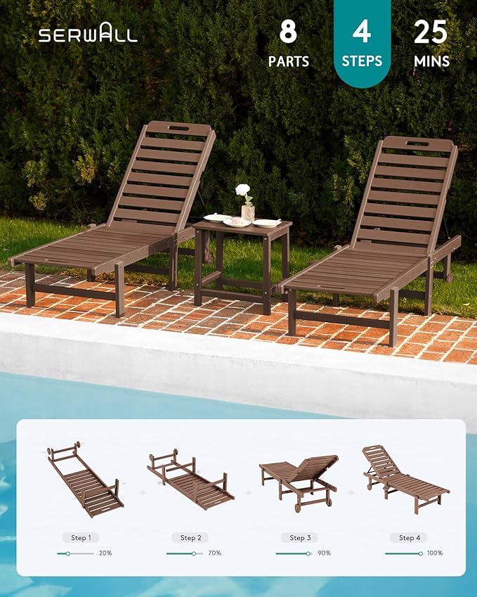 SERWALL Patio Chaise Lounge, HDPE Outdoor Lounge Chair with Cup Holder, 5 Positions Adjustable Poly Lounger with Rolling Wheels for Poolside, Deck, Sunbathing, Brown