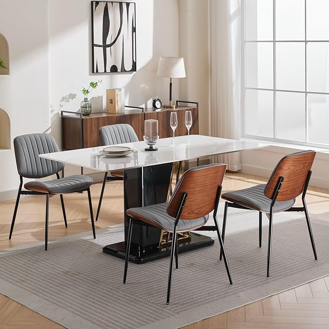 YaFiti Dining Chairs Set of 2, Mid Century Modern Accent Dining Room and Kitchen Chairs, Upholstered PU Leather Vertical Stripe Chairs for Vanity with Walnut Bentwood and Metal Legs, Gray