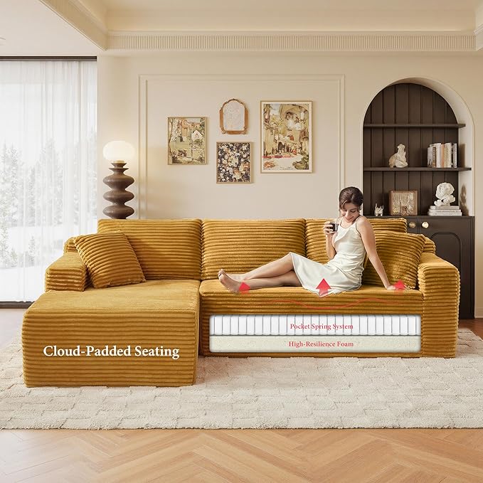 105" Sectional Couches for Living Room Cloud Couch Sofa with L-Shape Upholstered Boneless Couchs Modern Modular Sectional Couch with Chaise (Yellow, 105" W+Left Facing Chaise+2Seaters)