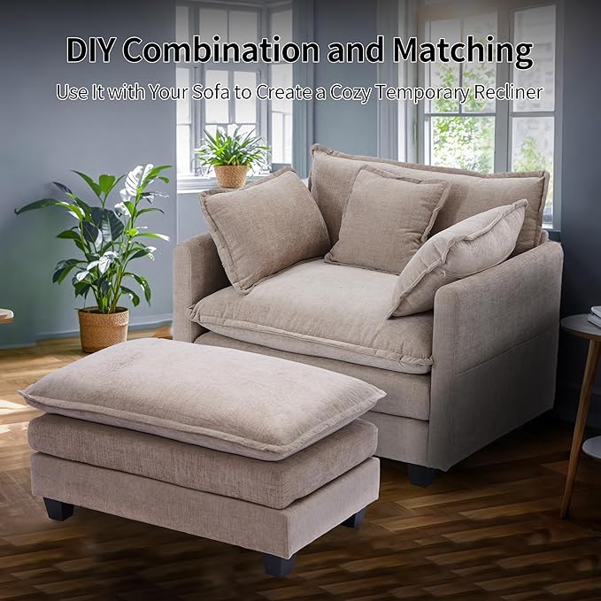 SweetGO corporation 40" Chenille Lounge Chair for Reading, Modern Couch Cozy Sofa Bed, Upholstered Living Room Single Sofa Accent Chair with Ottoman Set of 2, Coffee