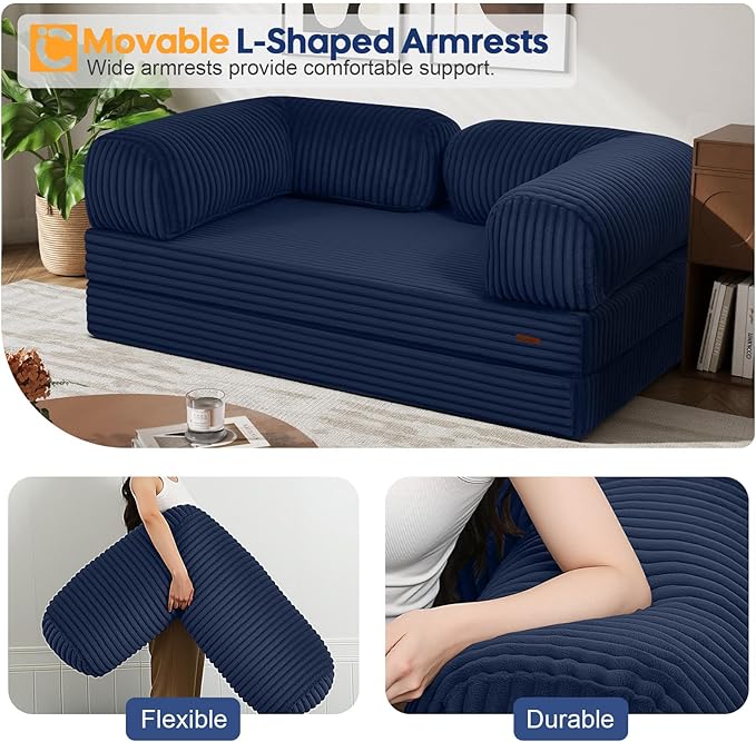 COMAX Futon Sofa Bed, 4-in-1 Floor Foldable Sofa Couch Bed Queen with L-Shaped Armrests, Convertible Folding Chair Bed Sleeper Mattress Fold Out Comfy Lounge for Living Room Bedroom, Faux Fur Navy