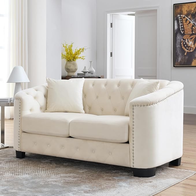 mikibama Modern Chesterfield Velvet Loveseat Sofa, 59 Inch Sectional Sofa, Luxury 2 Seater Upholstered Tufted Couch with Nailhead Arms and 2 Pillows for Living Room, Bedroom, Apartment(Beige)