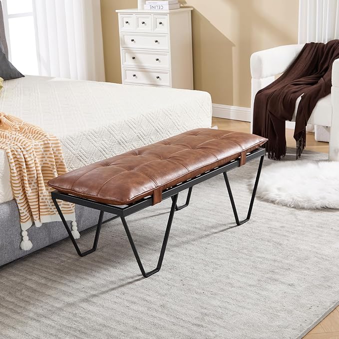 RIVOVA Modern Removable Tufted Upholstered Entryway Bench, 48-Inch Contemporary Indoor Ottoman Bench with Slatted Metal Frame, Brown Leather Bench for Bedroom End of Bed, Dining, Hallway, Living Room