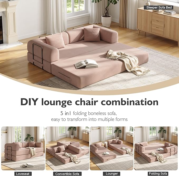 79 Inch 5-in-1 Convertible Sofa Bed, Corduroy Boneless Floor Couch with Fixed Frame & Pillow, Modular Folding Mattress Lounger for Small Space, Living Room, Bedroom - Easy Assembly(Pink)