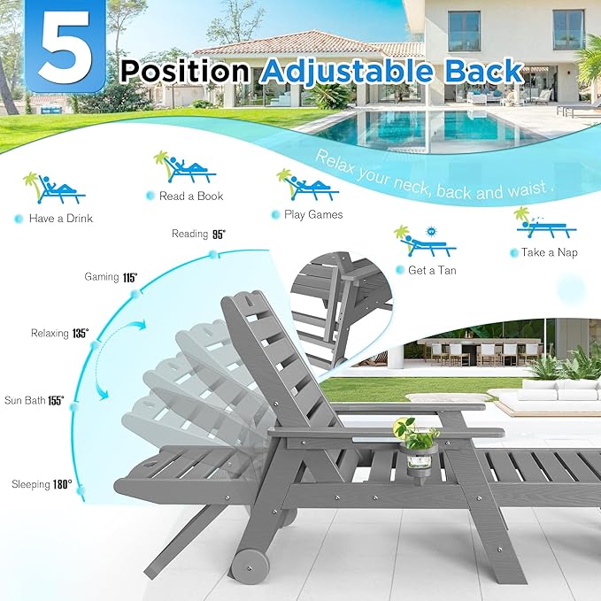 nalone Chaise Lounge Outdoor with 5-Position Adjustable Backrest, HDPE Lounge Chair for Outside Supports Up to 400 LBS, Pool Lounge Chairs for Patio Poolside Deck Beach Backyard (Grey)