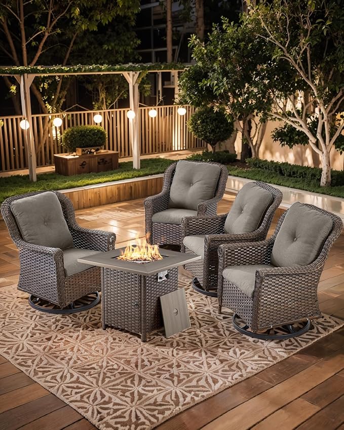 ACTREST Outdoor Patio Swivel Gliders with Fire Pit Table 5 Piece Set - High Back Brown Wicker Rattan Rocking Chair with Thick Cushion for Porch Apartment Deck Yard Poolside Garden - Grey