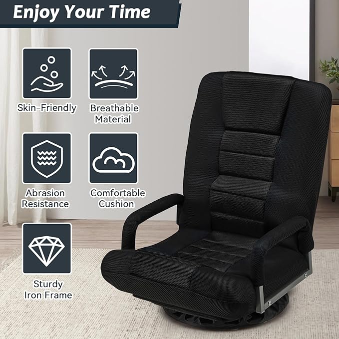360° Swivel Gaming Chair 6 Adjustable Positions Backrest with Armrest Foldable Floor Chairs Suitable for Reading, Relaxing, Mediation,Black