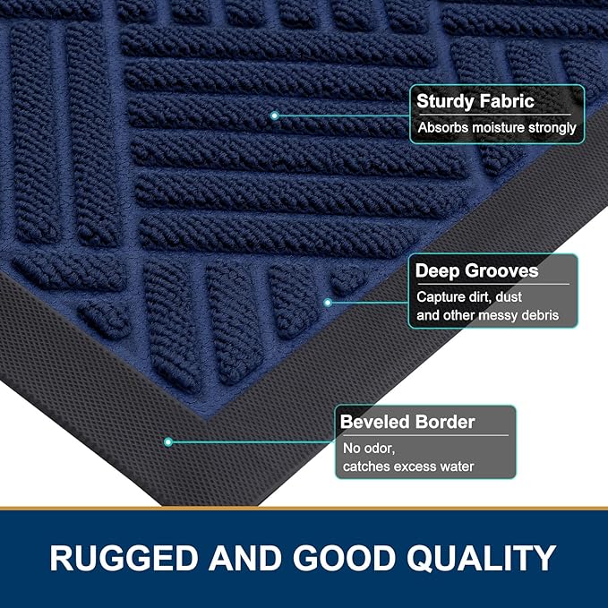 Smiry Front Door Mat Outside Entrance, Heavy Duty Outdoor Indoor Natural Rubber Doormat, Non Slip, Trap Dirt and Moisture, Easy Clean, Low Profile Patio Porch Entryway Mat, 59x35, Navy Blue