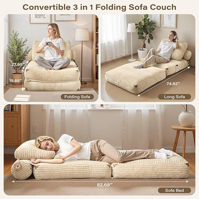75''Foldable Sofa Bed,Beige Convertible Folding Sleeper Chair Bed,Foldable Single Sofa Foam Filling Couch with Pillow, Comfy Corduroy Lazy Floor Sofa for Small Room Living Room Bedroom Apartment