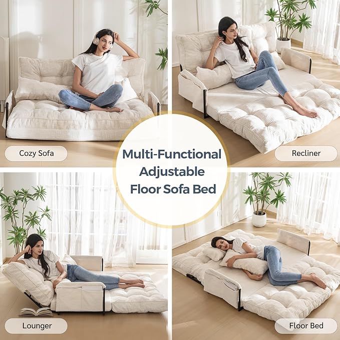 MAXYOYO Adjustable Floor Sofa Couch, Multi-Functional Bean Bag Bed, Foldable Lazy Sofa Sleeper Bed, Versatile Floor Seating for Living Room, Beige, Double