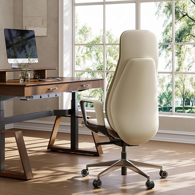 EUREKA ERGONOMIC Alto Leather Desk Chair, Silicone Leather Office Chair with Wheels, High Back Office Chair, Executive Office Chair Comfy for Home & Office, Off-White