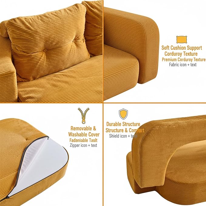 78.7" Convertible Sofa Bed Couch, Corduroy Upholstered Boneless Futon Loveseat Sleeper, Foldable Floor Sofa Chair with Pillows, Chaise Lounge for Living Room Bedroom Apartment, No Assembly Needed