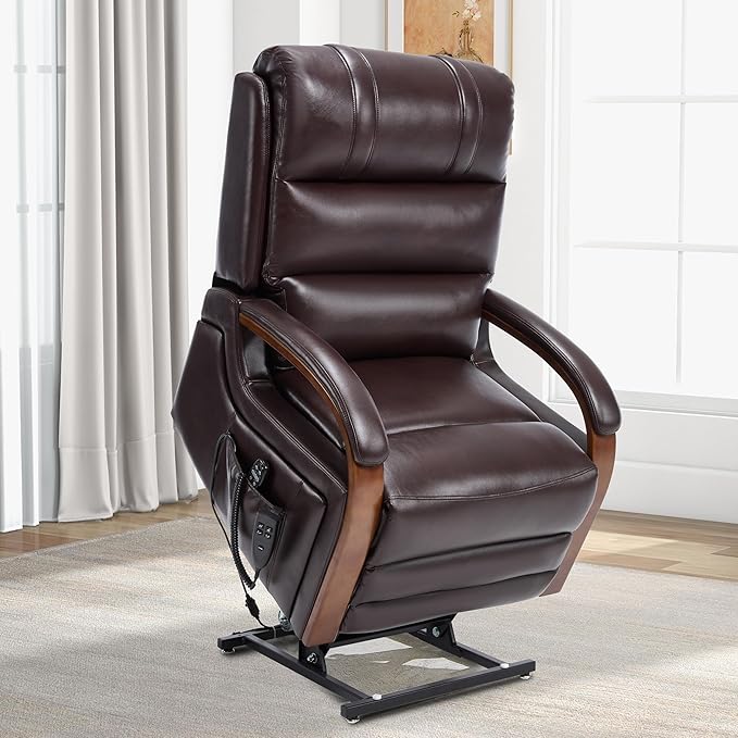 Dual Motor Power Lift Recliner Chair, Lay Flat Recliner, Lift Chair with Massage and Heat, Standing Assistance, Infinite Position Reclining, Living Room Chair (Faux Leather Dark Brown)