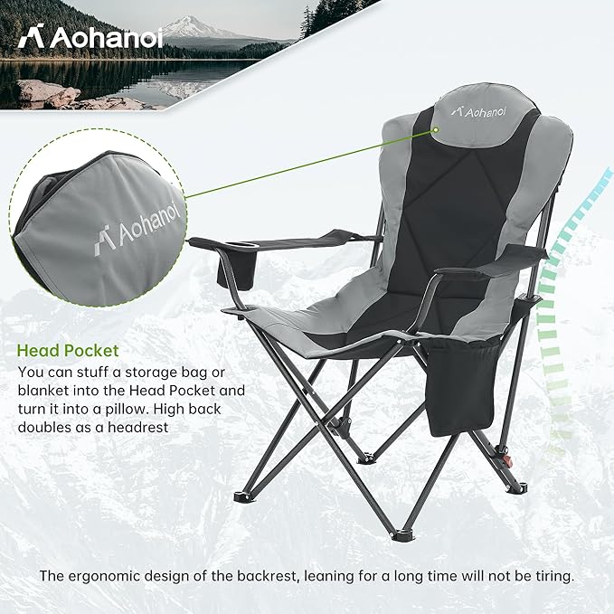 Aohanoi Camping Chairs, Portable Camp Chairs for Heavy People with Adjustable Angled Backrest, Outdoor Folding Camping Chairs for Outside Supports up to 350lbs, Carry Bag Included