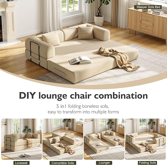 79 Inch 5-in-1 Convertible Sofa Bed, Corduroy Boneless Floor Couch with Fixed Frame & Pillow, Modular Folding Mattress Lounger for Small Space, Living Room, Bedroom - Easy Assembly(Beige)