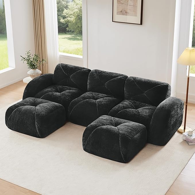 Modular Sectional Sofa with Free Combination,Boneless Floor Couch for Living Room & Lounge,Velvet 3-Seater Sectional Couch with 2 Ottomans,No Assembly Needed