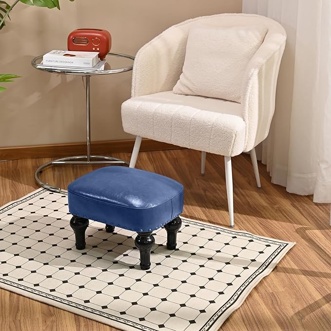 DSGAMER Leather Ottoman Footrest,Rustic Foot Stools Seat,Wood Footstool,Rectangle Footrest Small Ottoman for Bedroom,Living Room,Office,Entrance Hall (Blue)