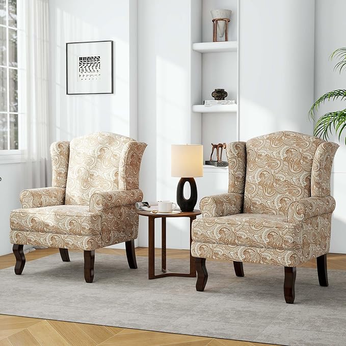 DREAMSIDEA Accent Chair, High Back Upholstered Armchair with High Resilience Sponge & Wood Legs, Mid-Century Modern Comfy Single Sofa Reading Chairs for Living Room, Bedroom (Floral Sand, Set of 1)