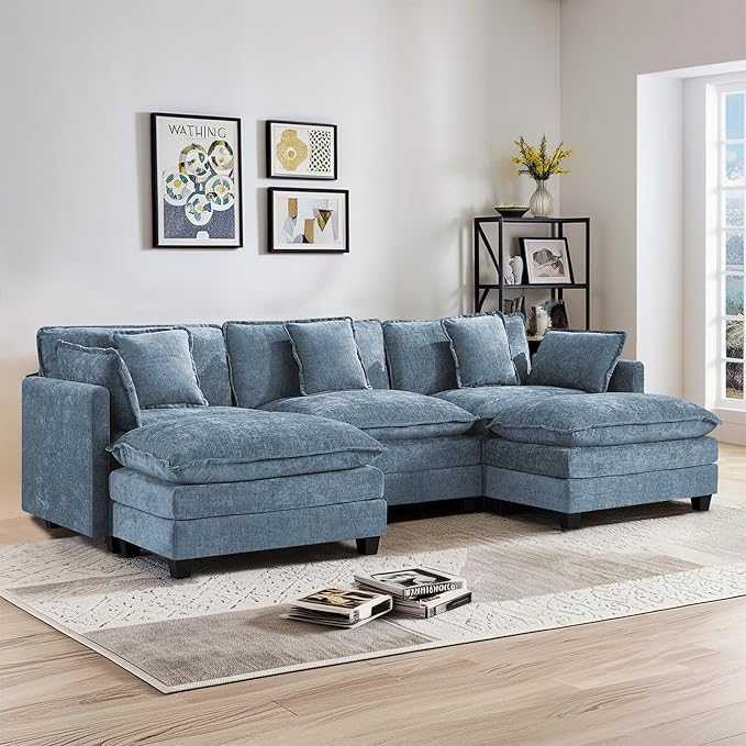 UMBFUN 3-Seater Cloud Couch with 2 Ottomans, Oversized Modular Sectional U Shaped Sofa with Deep Seat Cushions, Comfy Chenille Couch for Living Room,Blue
