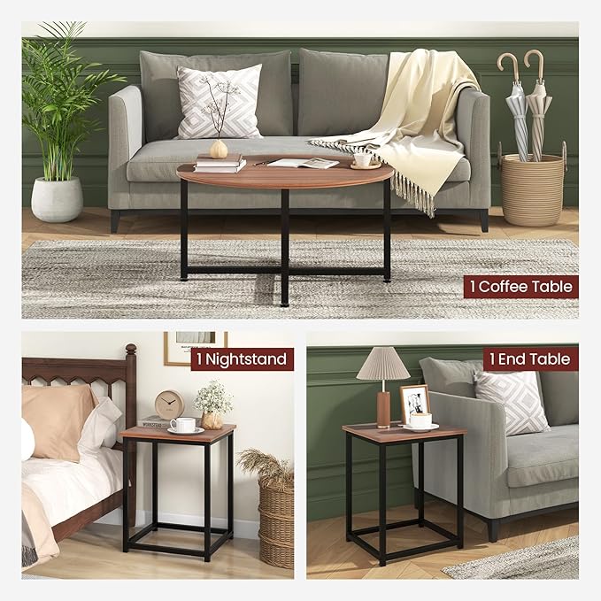 Giantex Round Nesting Table Set of 3, Farmhouse Coffee Table w/2 End Tables, Sturdy Metal Frame, 3-Piece Wooden Living Room Table Set for Home Office, Apartment (Walnut & Black)